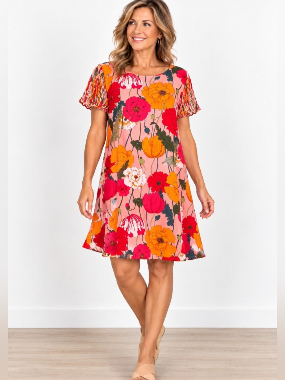 Trina Turk Dress Women M Pink Floral Shift Lattice Sleeve Lined Resort Vacation